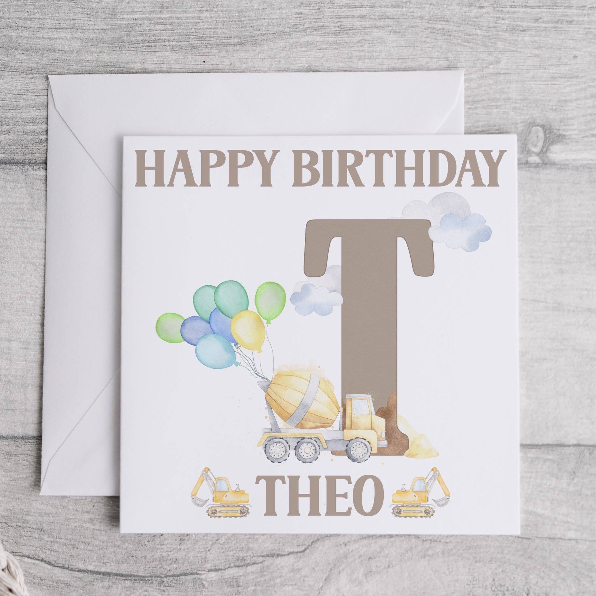 Construction alphabet birthday card with yellow truck and balloons, personalised, letter T