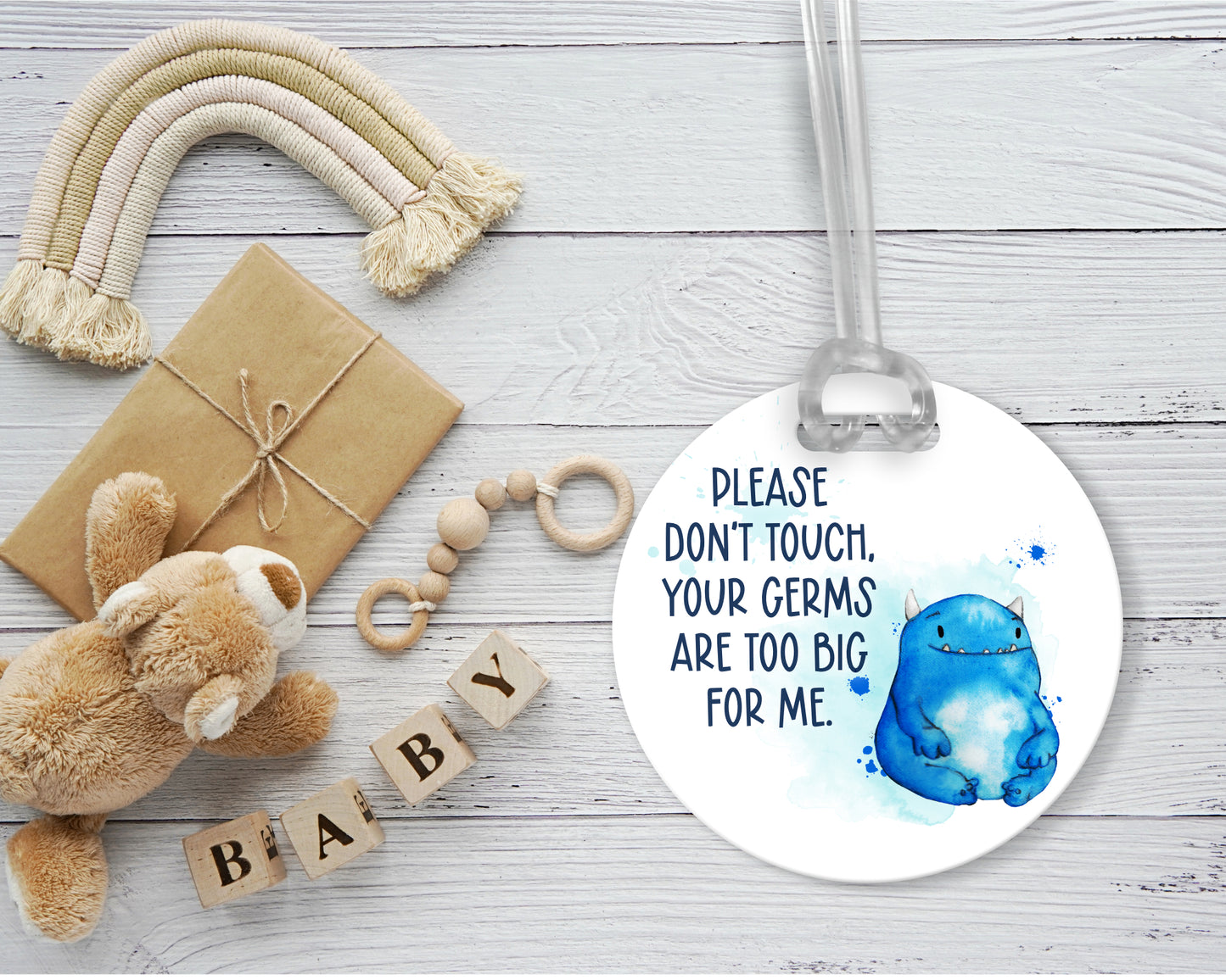 Acrylic germ tag for baby buggy in blue