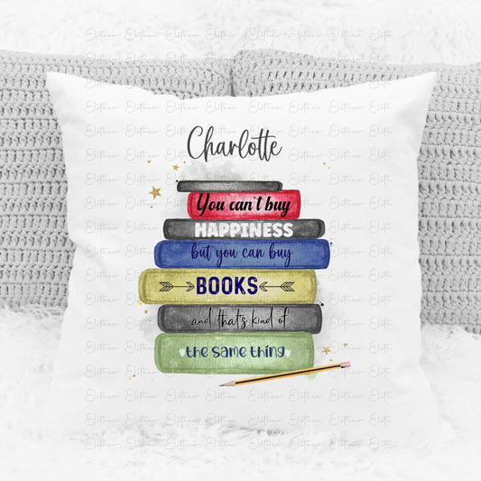 Personalised book stack design cushion, colourful books with quote
