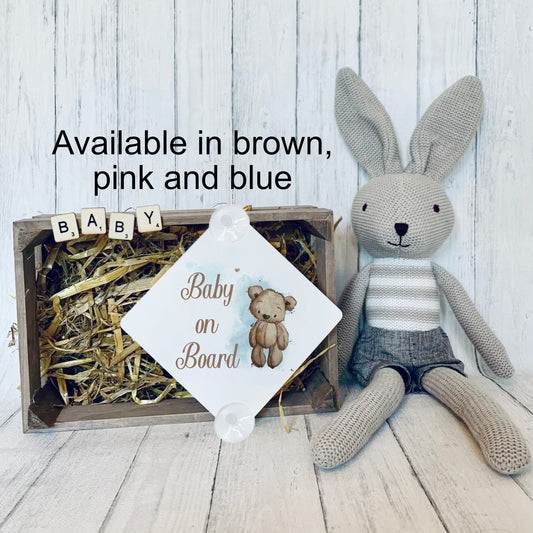 Baby on board aluminium sign, brown teddy