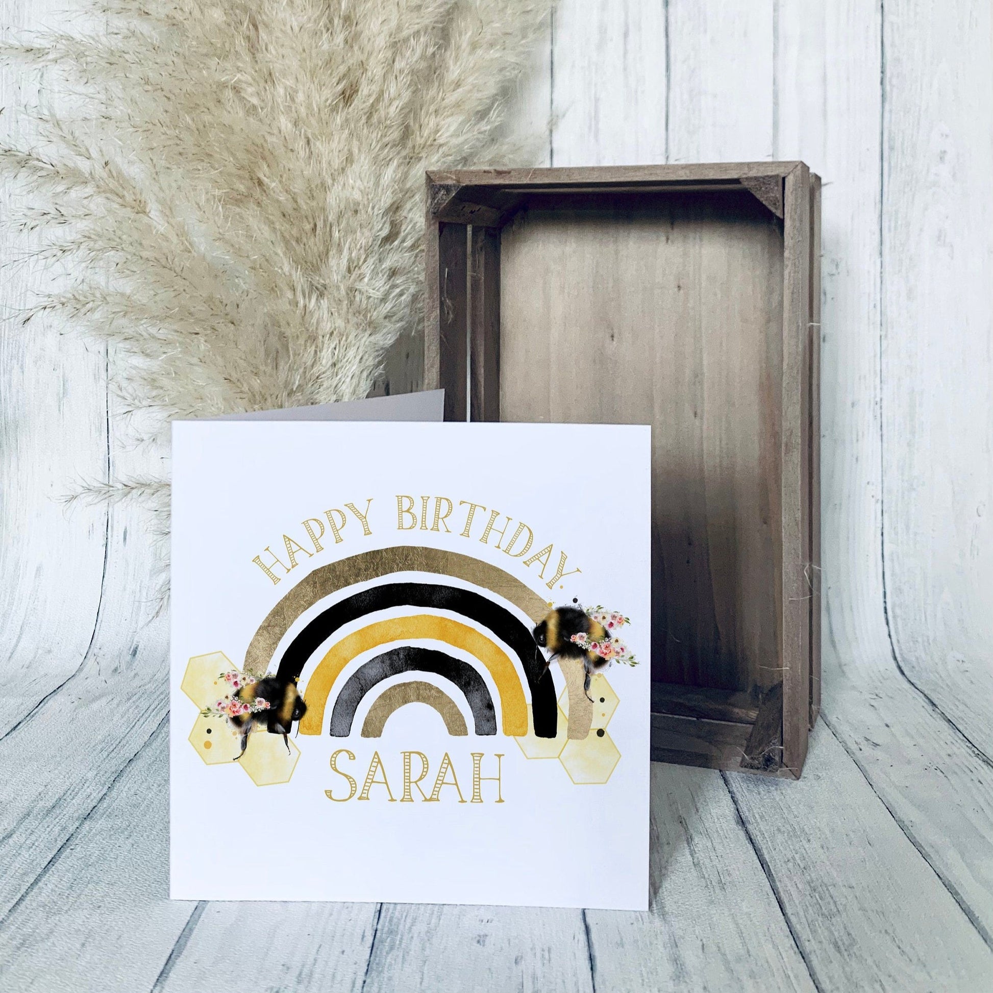 Happy Birthday greeting card, floral bumblebee rainbow, personalised card.