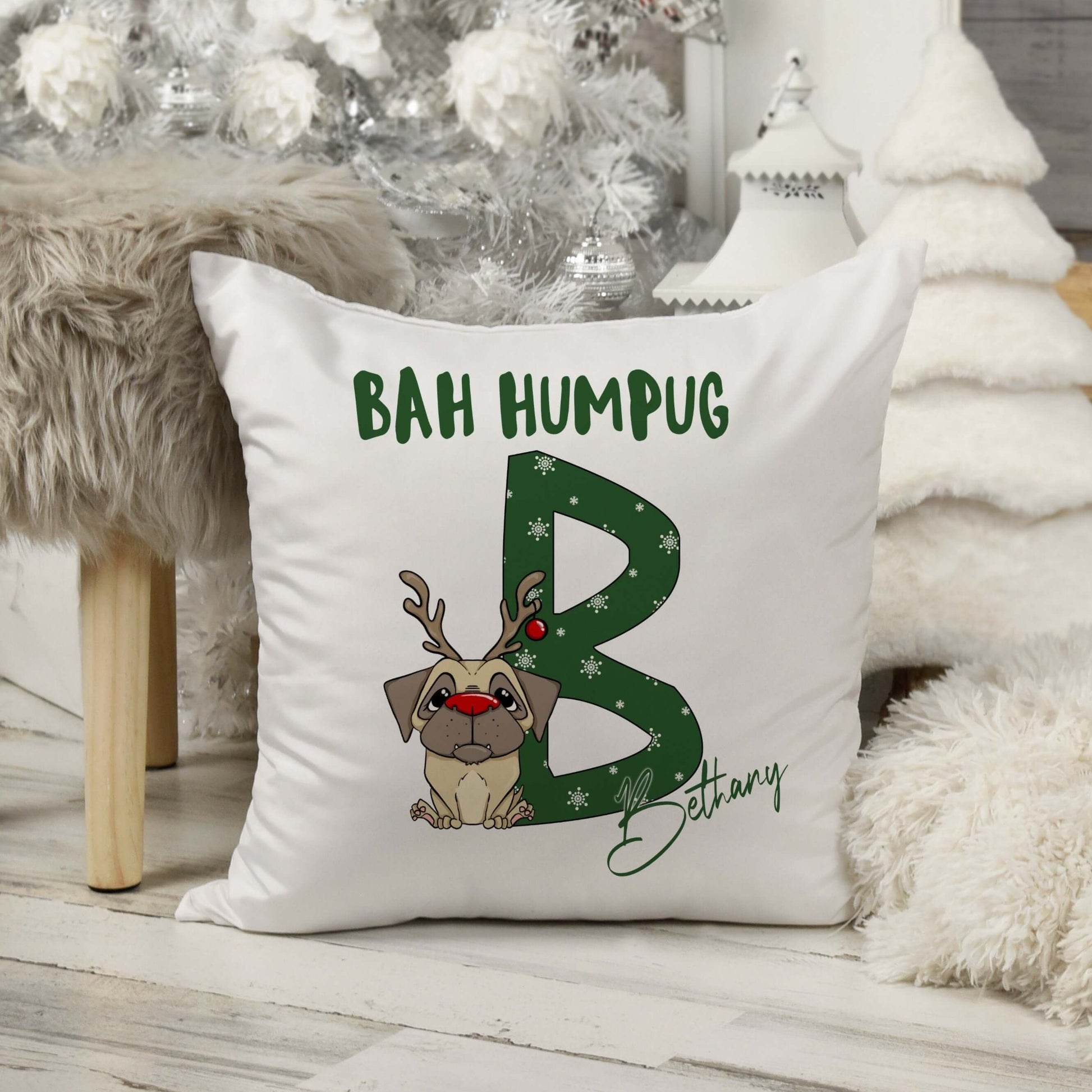 Personalised square cushion with inner and pug alphabet and bah humpug printed on it