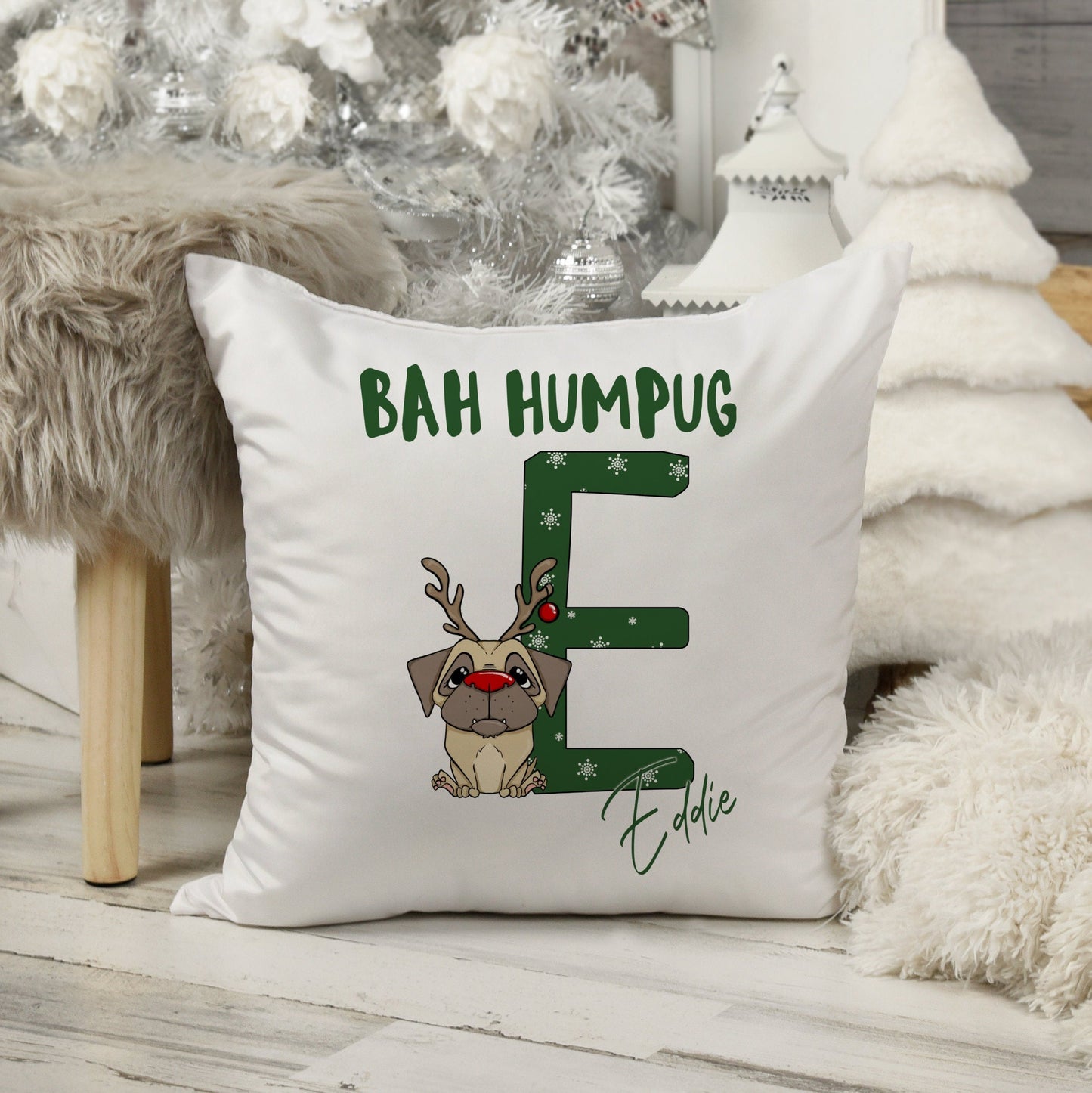 Personalised square cushion with inner and pug alphabet and bah humpug printed on it