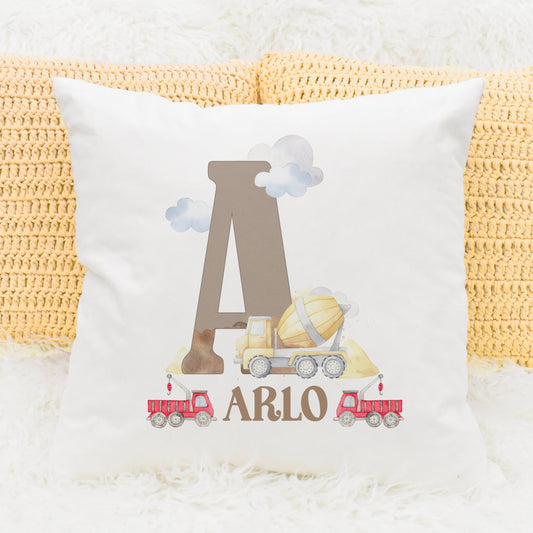 Personalised construction cushion with red trucks, gift for boys bedroom, letter A