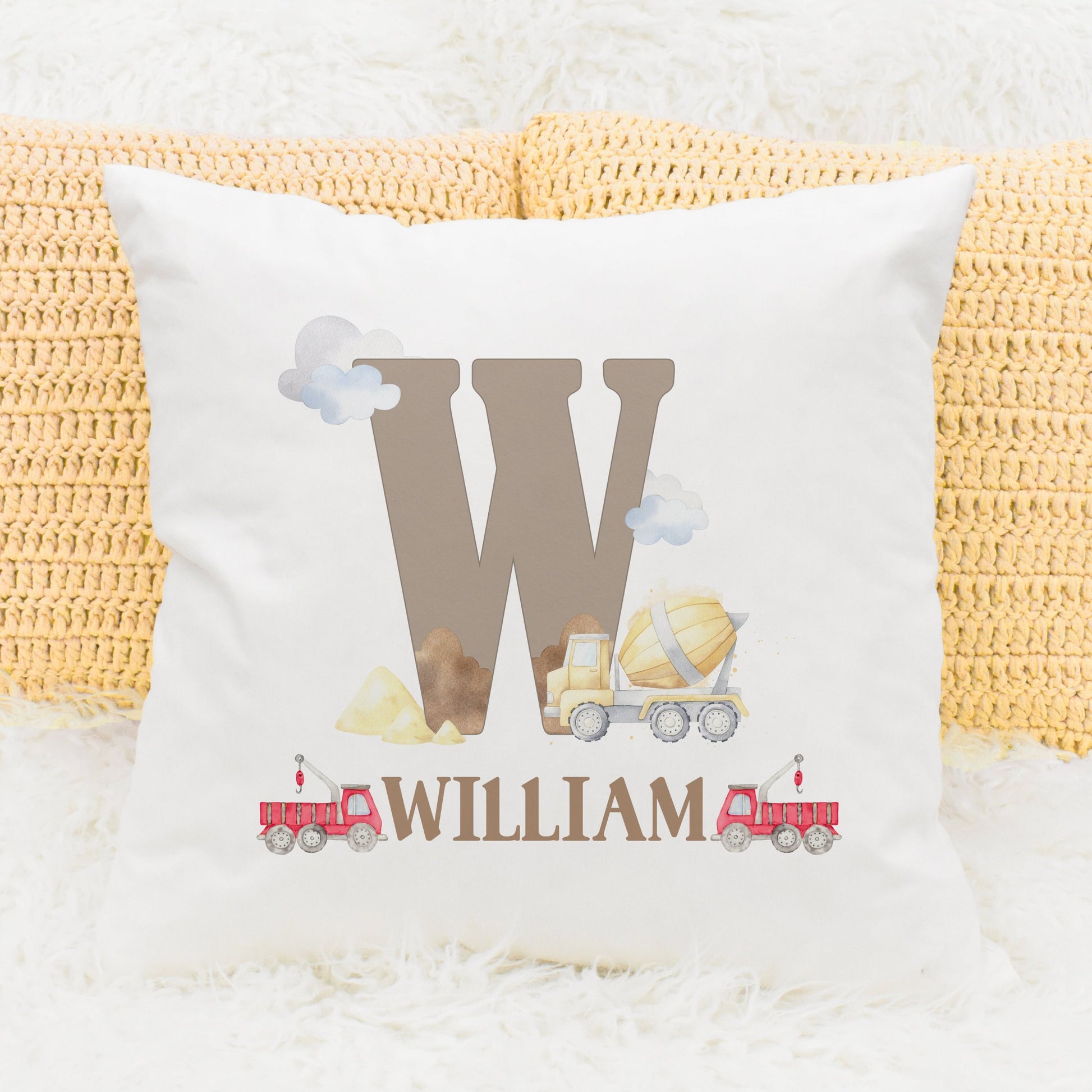 Personalised construction cushion with red trucks, gift for boys bedroom, with letter W