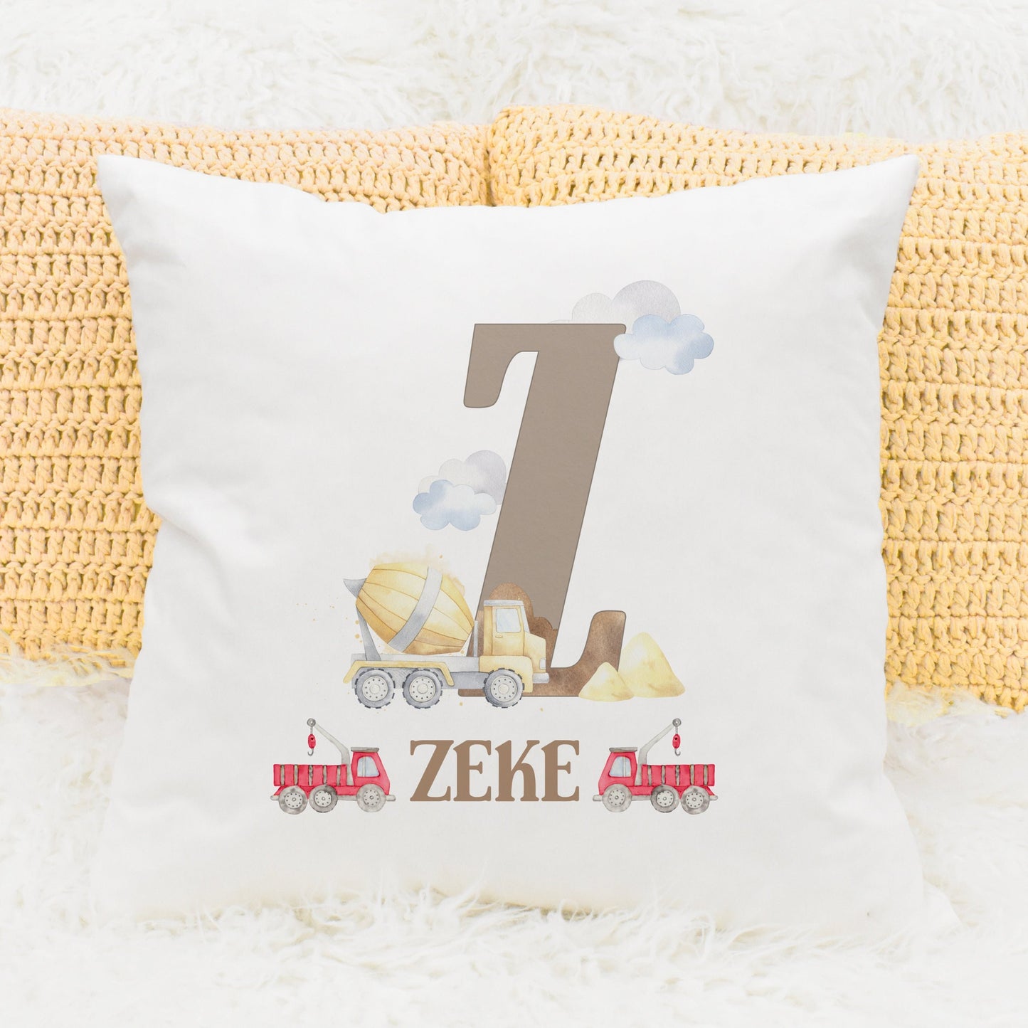 Personalised construction cushion with red trucks, gift for boys bedroom, with letter Z