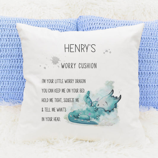 Square cushion featuring a teal coloured dragon with a worry cushion poem and can  be personalised
