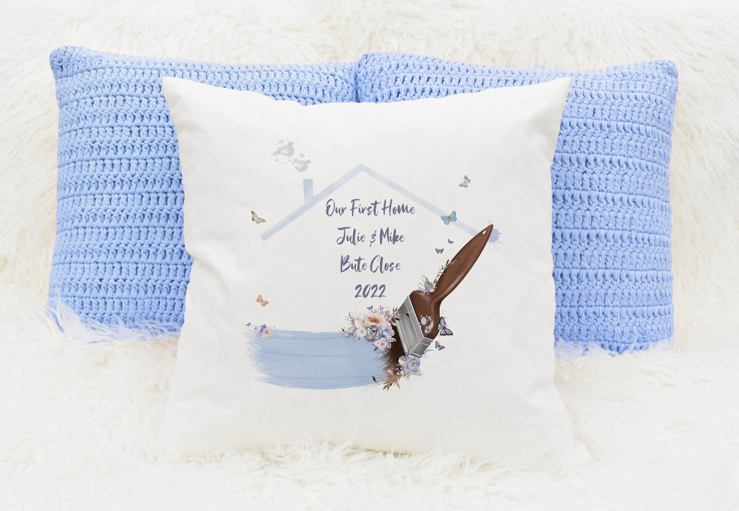 new home gift, personalised cushion, lilac floral paintbrush design