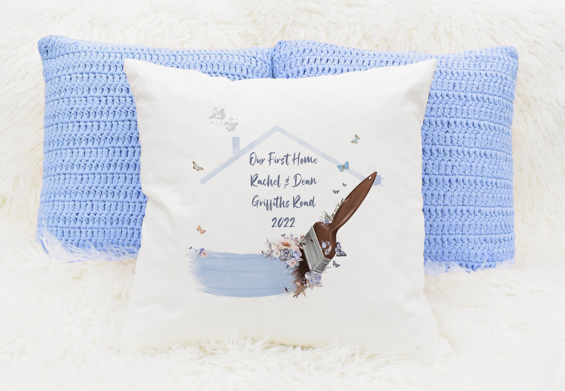 new home gift, personalised cushion, lilac floral paintbrush design