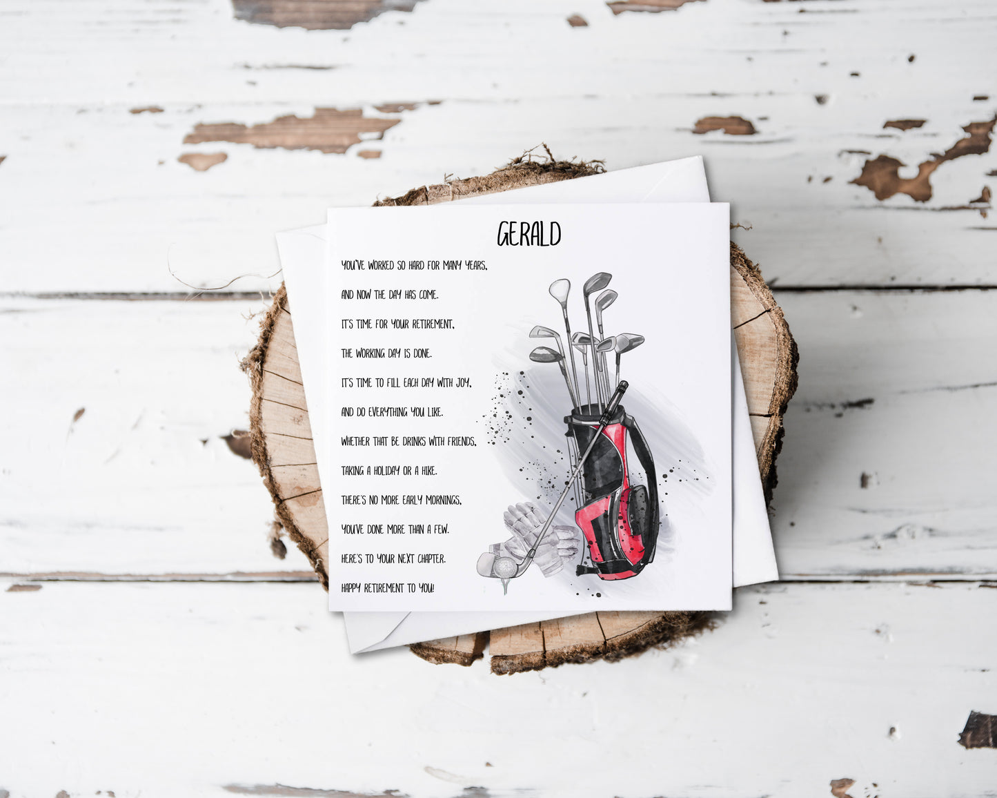 Square retirement greeting card that can be personalised featuring a watercolour design of a golf bag and clubs with a retirement poem.