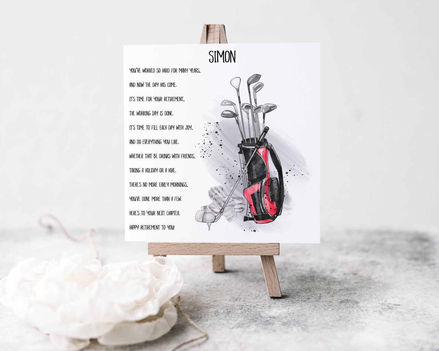Square retirement greeting card that can be personalised featuring a watercolour design of a golf bag and clubs with a retirement poem.