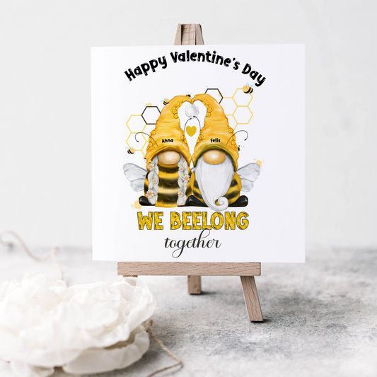 Valentine card with a cute bee couple and can be personalised, the card says we beelong together.