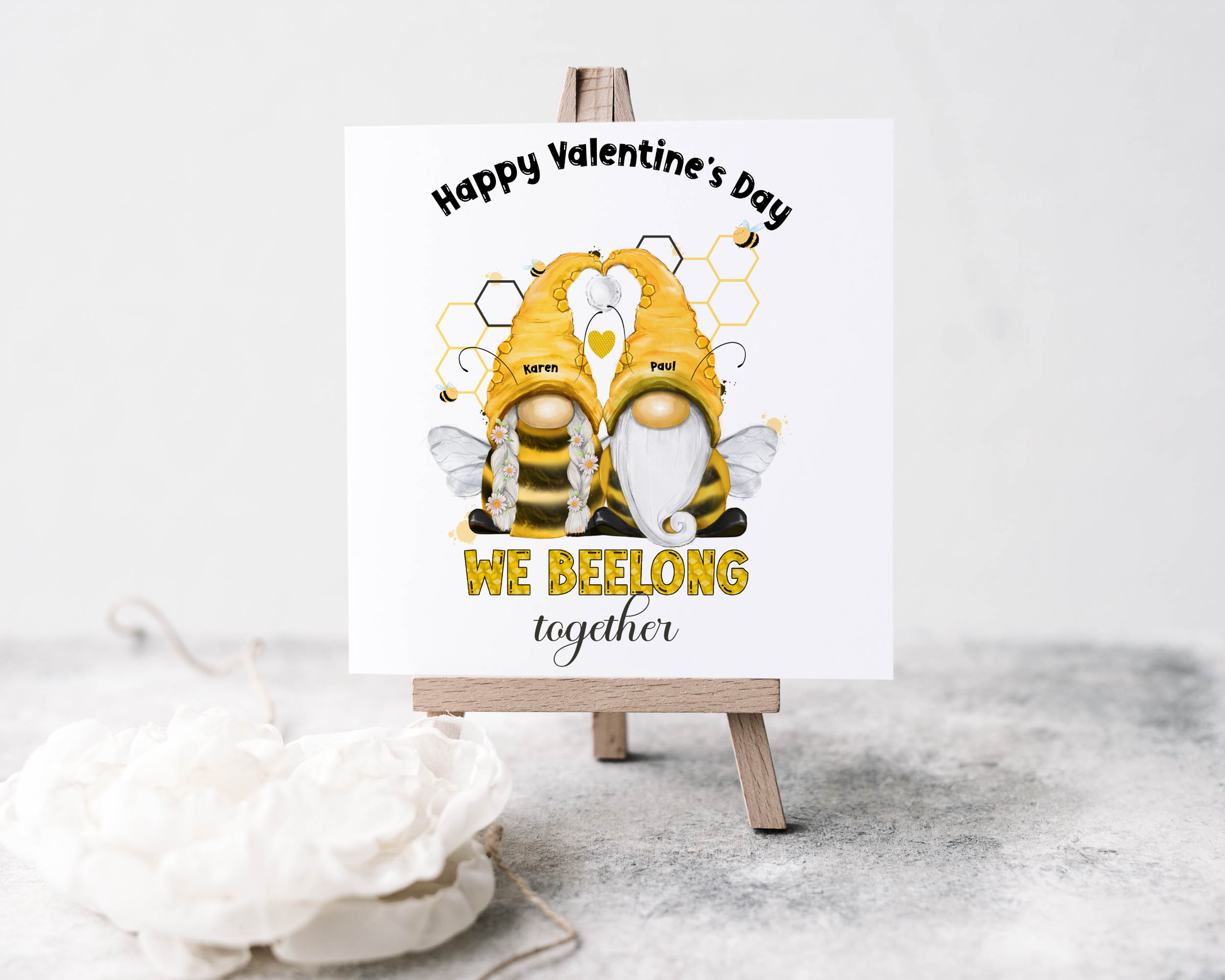 Valentine card with a cute bee couple and can be personalised, the card says we beelong together.