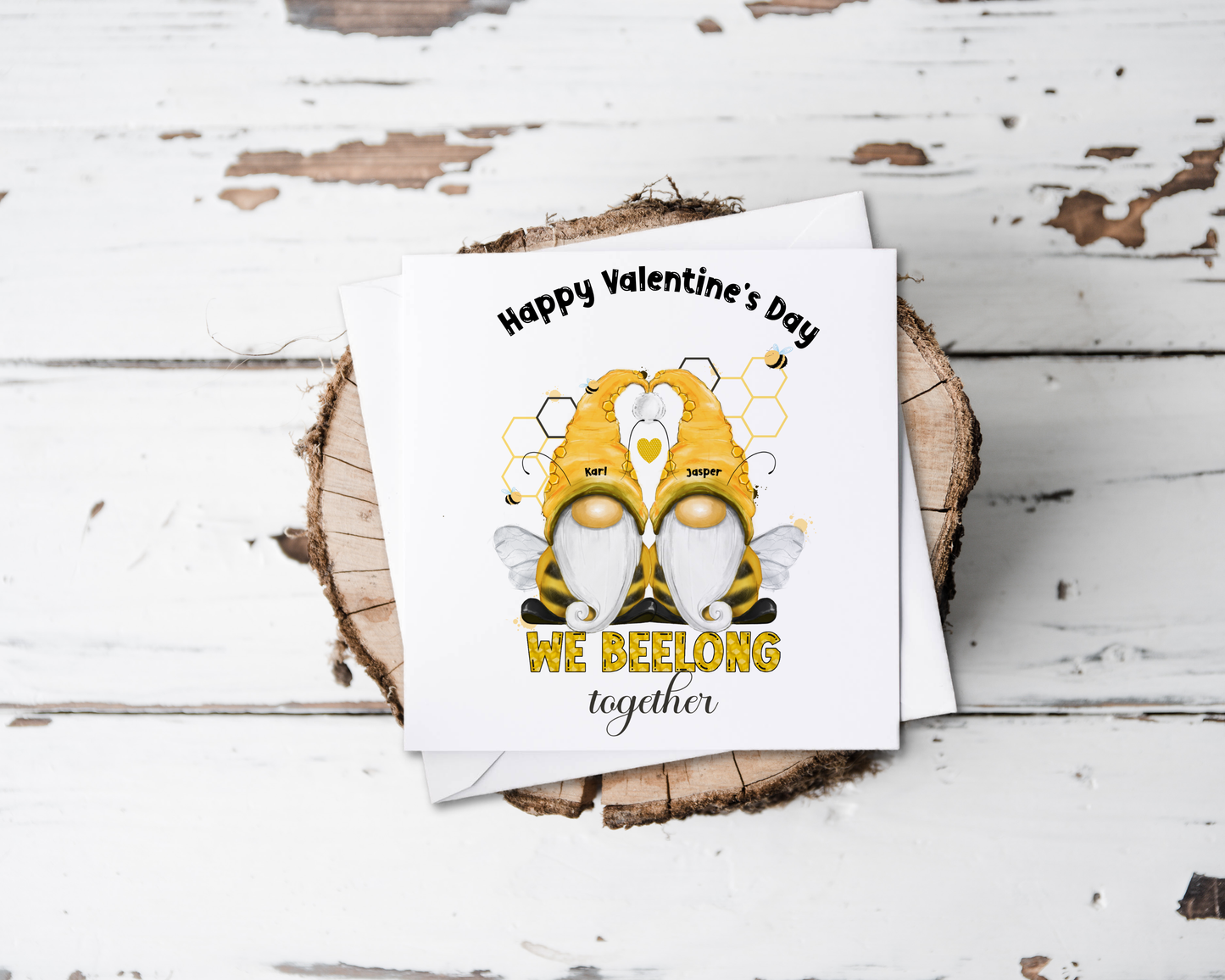Valentine card with a cute bee gay couple and can be personalised, the card says we beelong together.