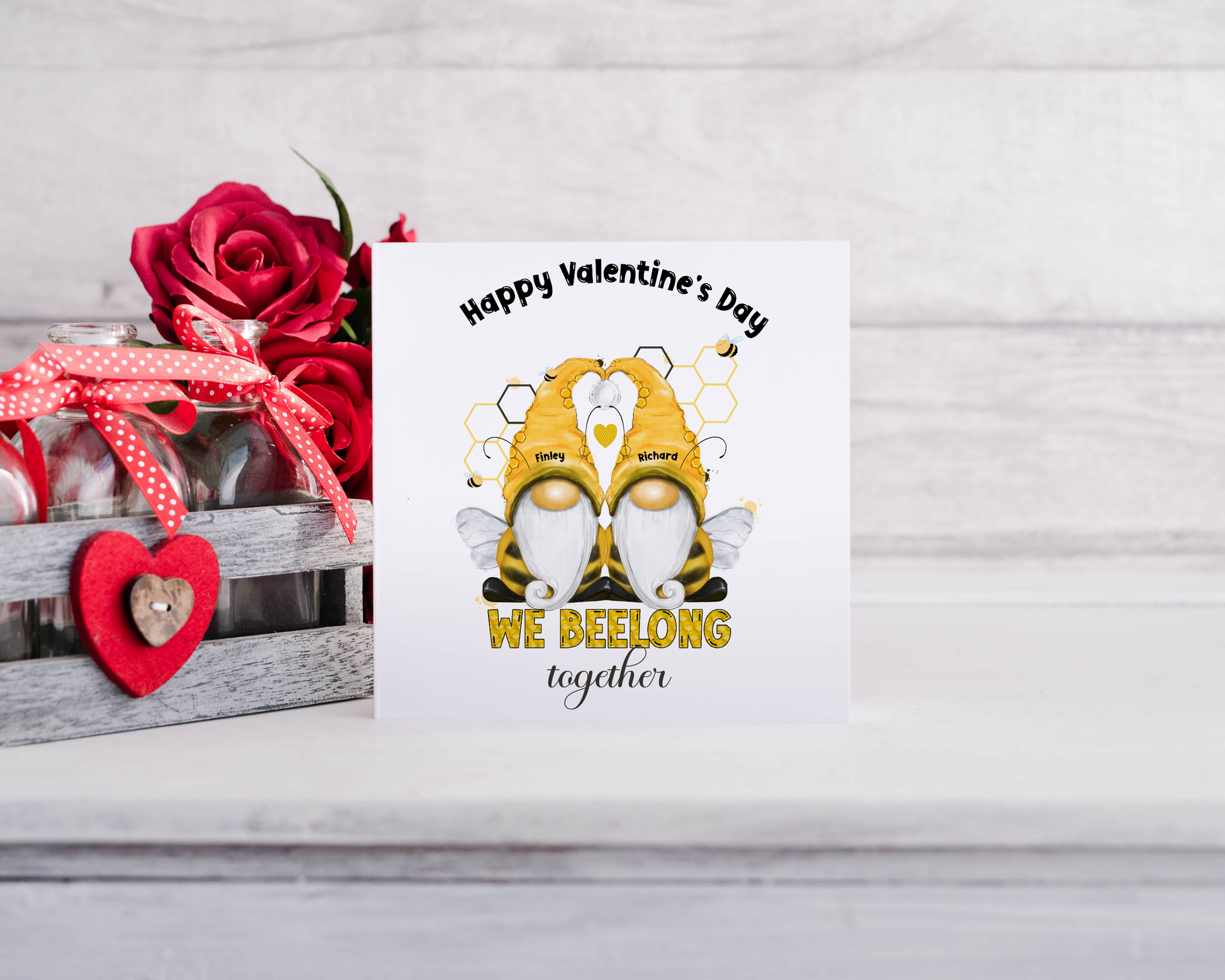 Valentine card with a cute bee gay couple and can be personalised, the card says we beelong together.