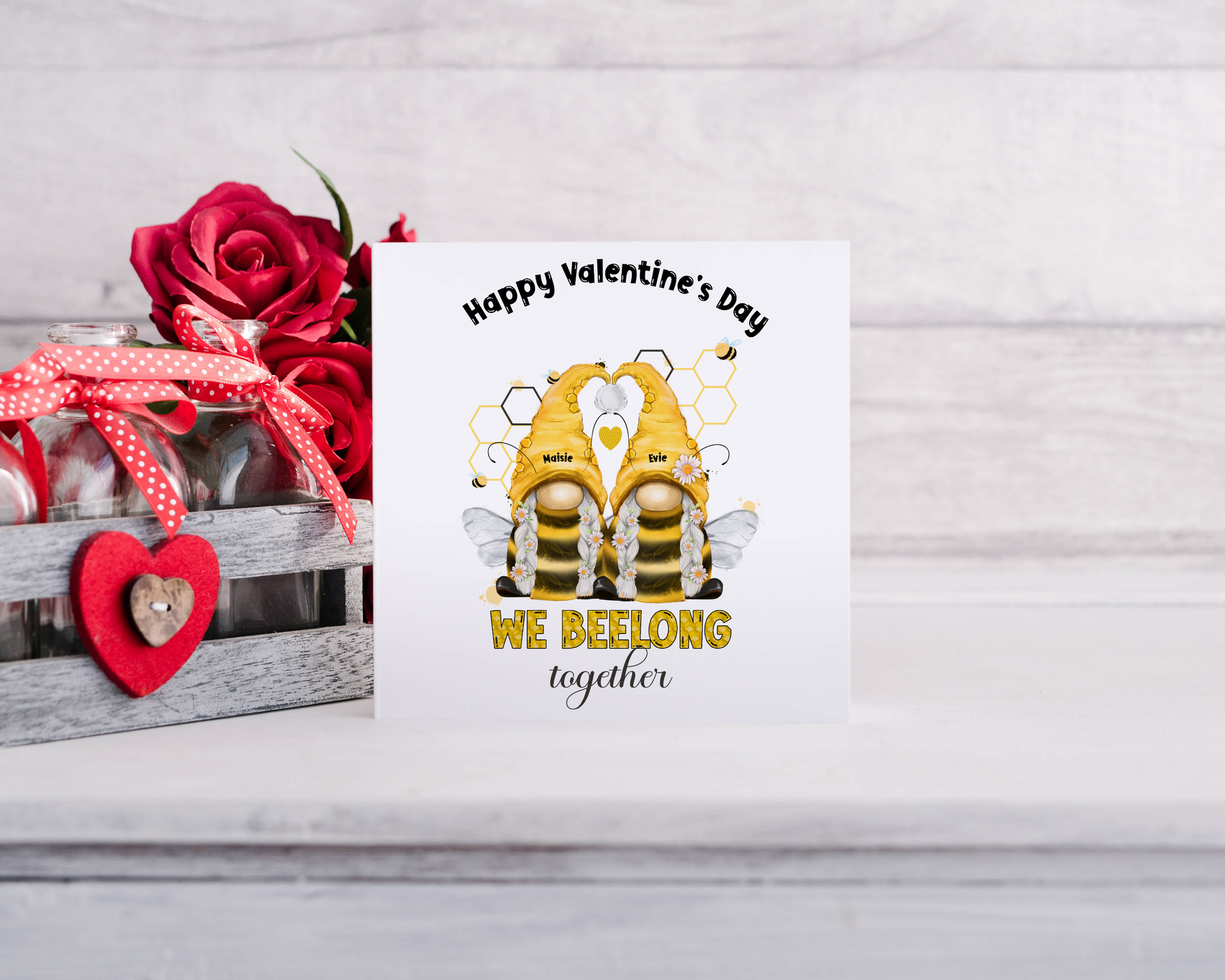 Valentine card with a cute bee lesbian couple and can be personalised, the card says we beelong together.
