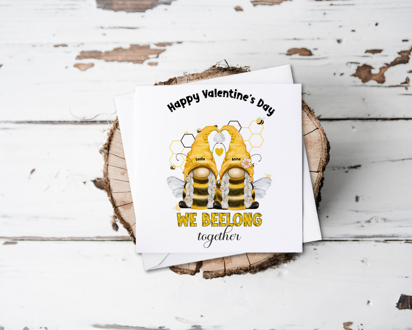 Valentine card with a cute bee lesbian couple and can be personalised, the card says we beelong together.