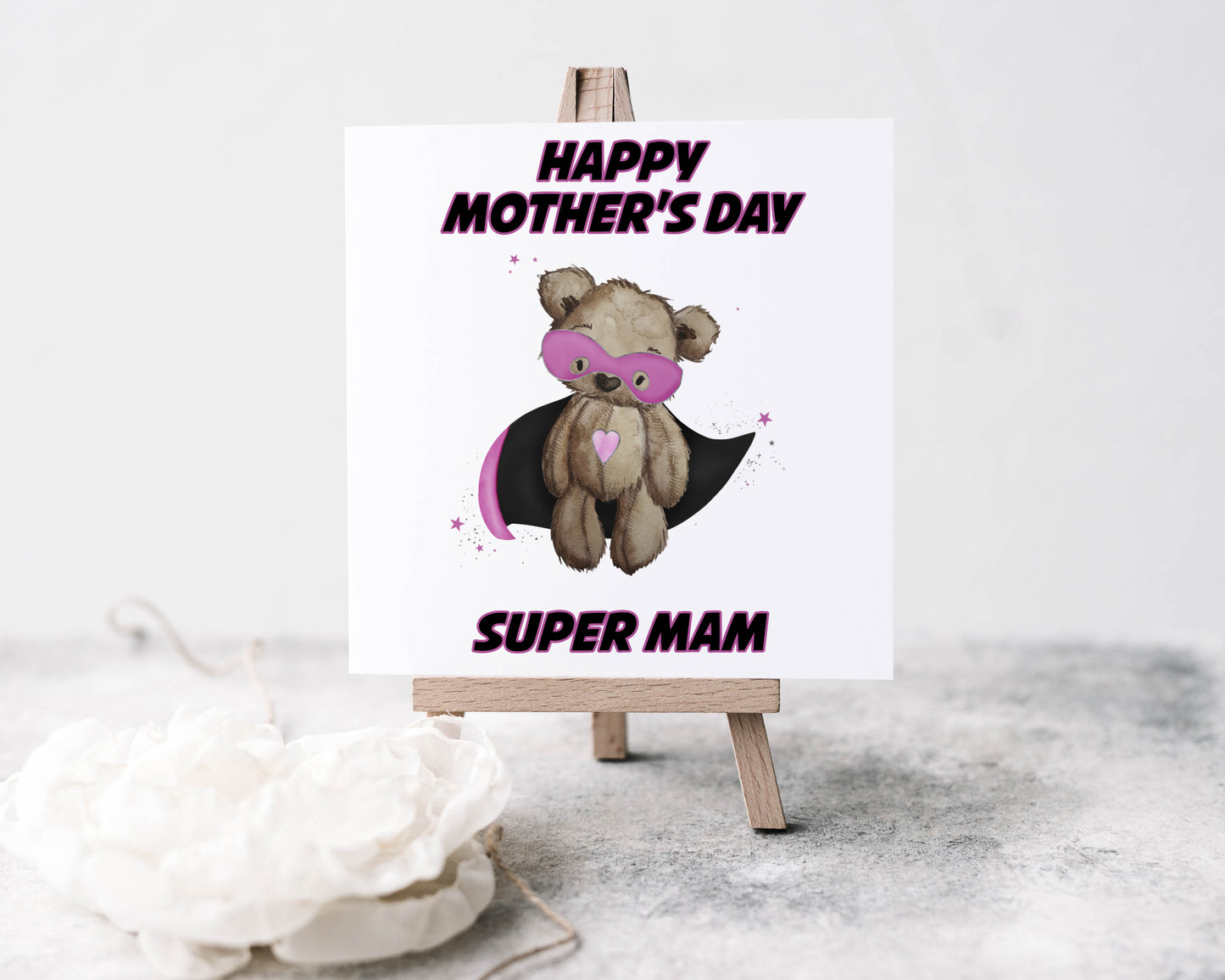 Mothers day card, teddy in cape, super mam