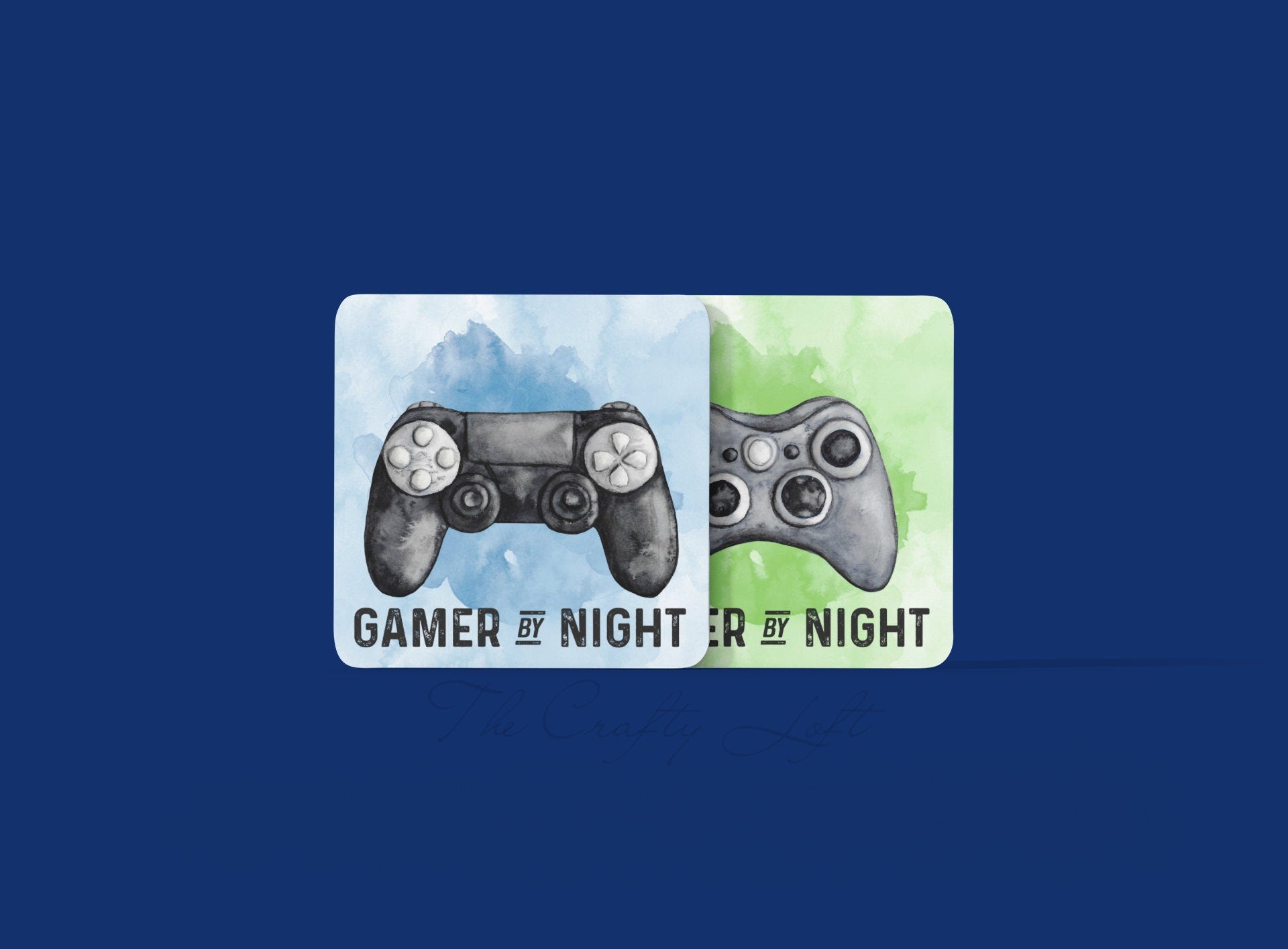 Hardboard coaster set featuring a gaming design with text that reads 'dad by day, gamer by night' in blue or green