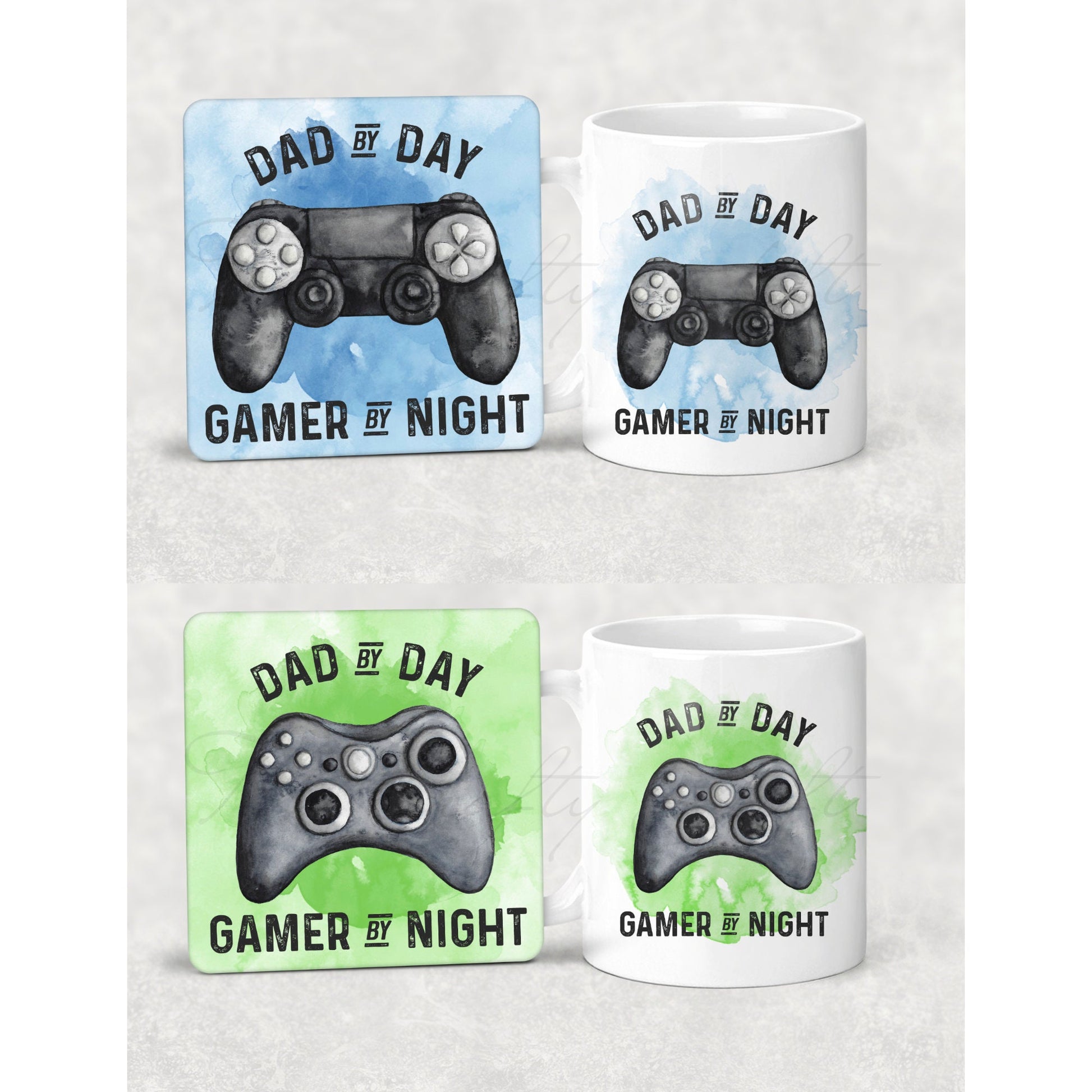 Mug and coaster set featuring a gaming design with text that reads 'dad by day, gamer by night' in green or blue