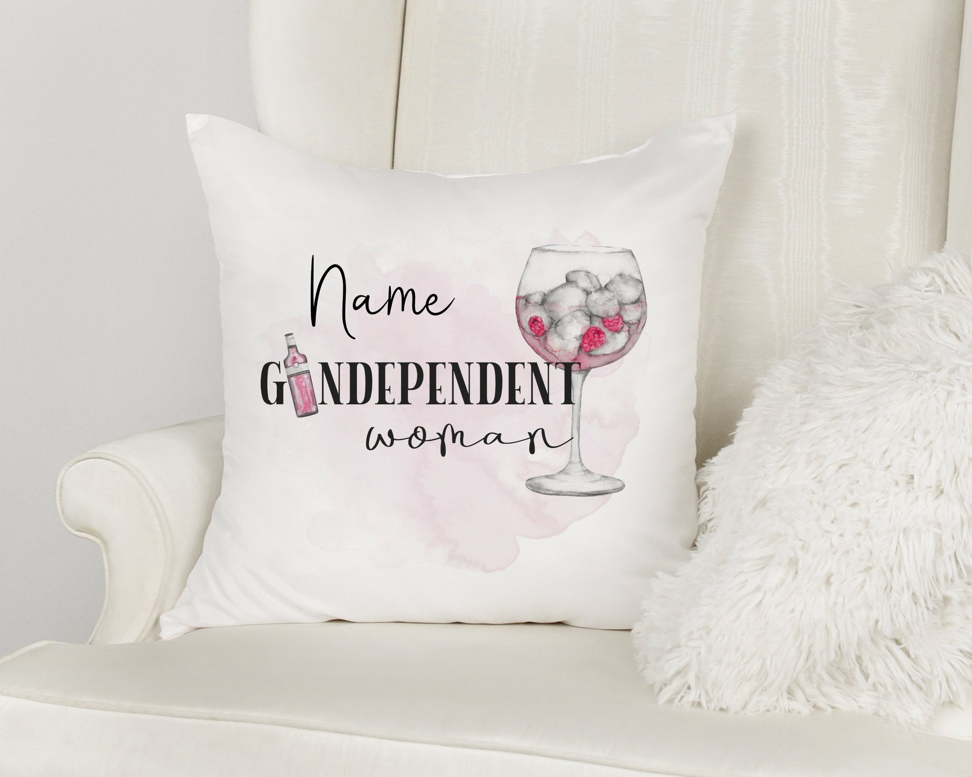 Personalised square cushion with inner Gindependent woman 