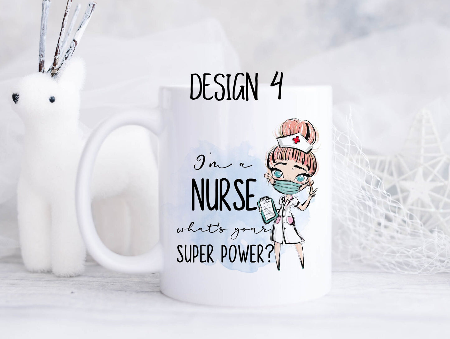 Ceramic mug featuring a nurse with pink hair in a bun and the text 'I'm a nurse, what's your superpower?'