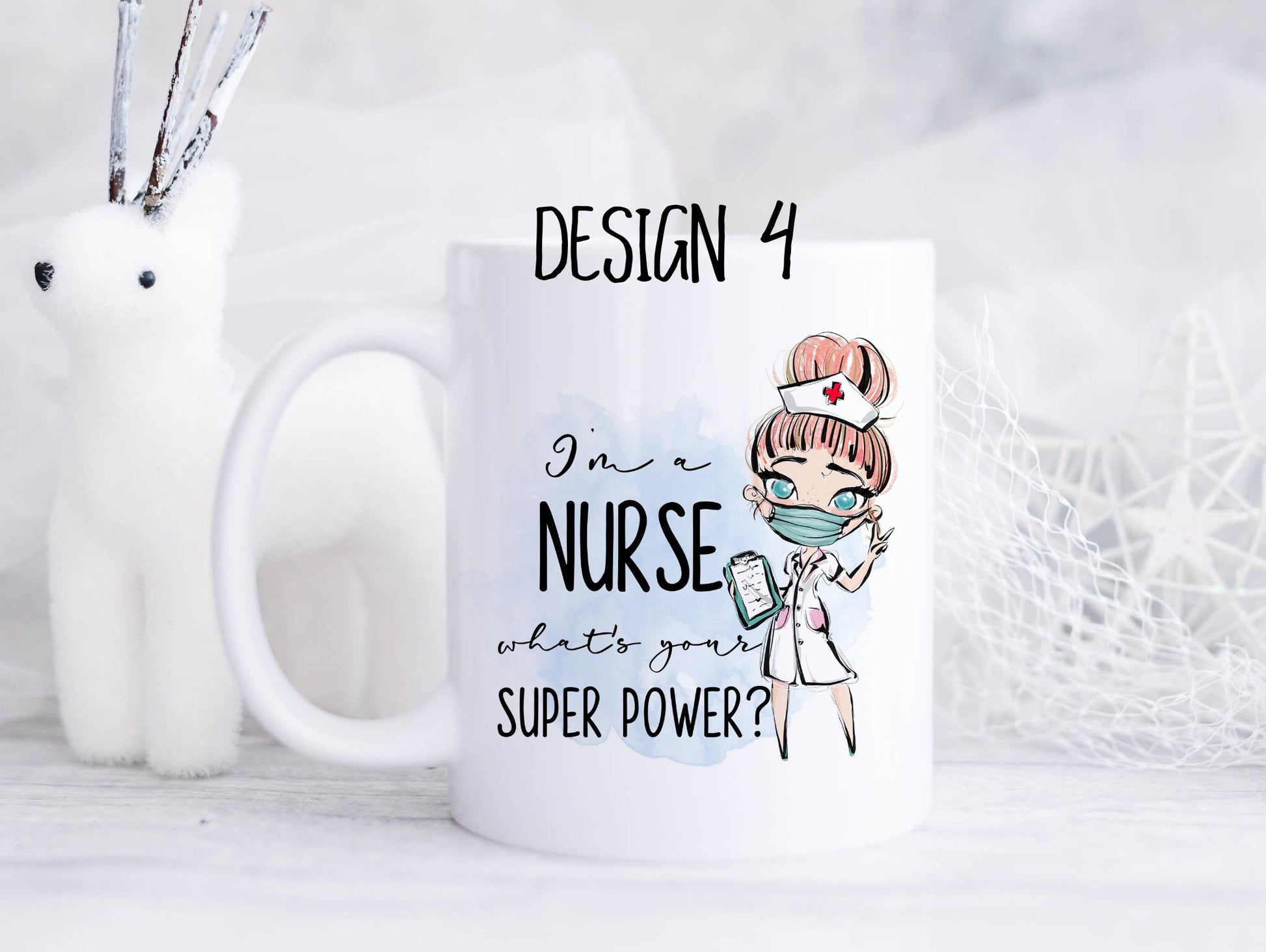 Ceramic mug featuring a nurse with pink hair in a bun and the text 'I'm a nurse, what's your superpower?'