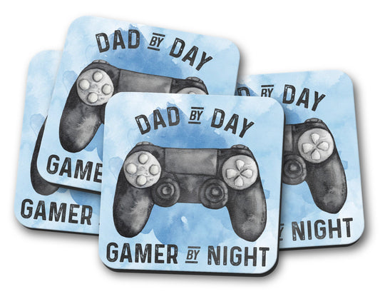 Hardboard coaster set featuring a gaming design with text that reads 'dad by day, gamer by night' in blue