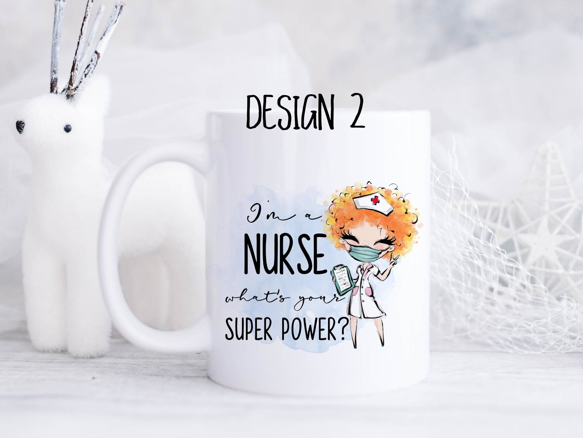 Ceramic mug featuring a nurse with red curly hair and the text 'I'm a nurse, what's your superpower?'