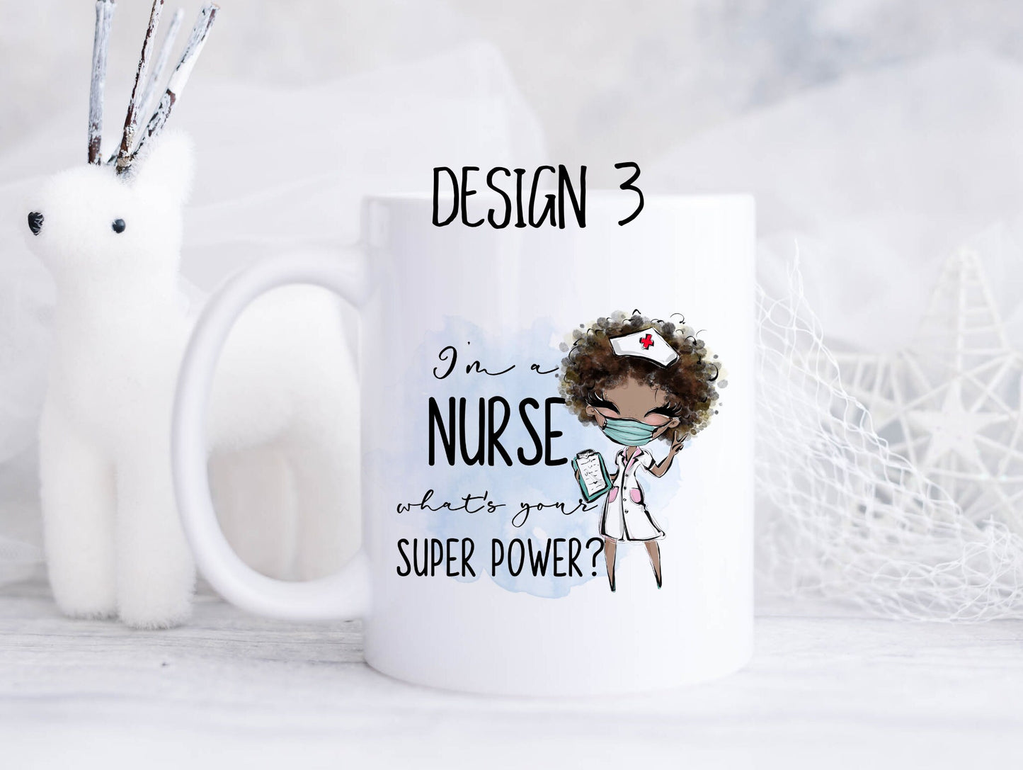Ceramic mug featuring a nurse with brown curly hair and the text 'I'm a nurse, what's your superpower?'
