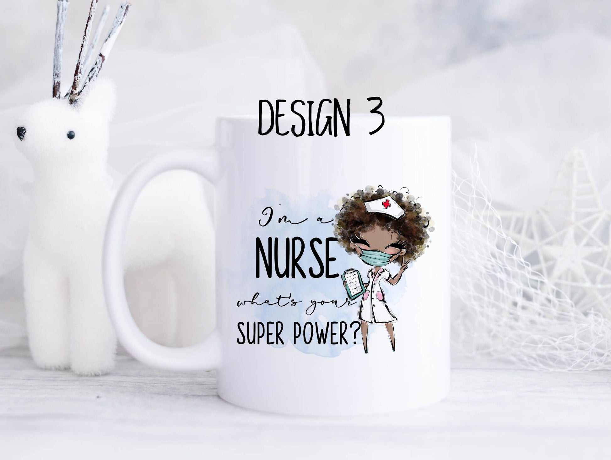 Ceramic mug featuring a nurse with brown curly hair and the text 'I'm a nurse, what's your superpower?'