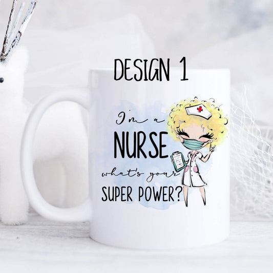 Ceramic mug featuring a nurse with blonde curly hair and the text 'I'm a nurse, what's your superpower?'