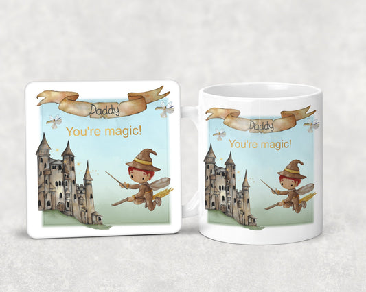 Mug and coaster set featuring a wizard and castle design and personalised text