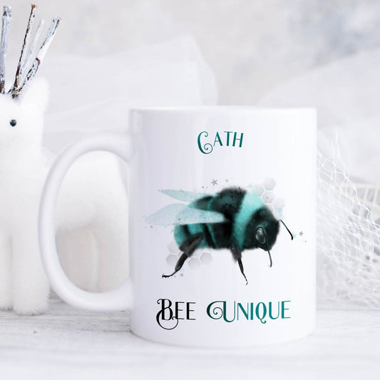 Personalised, teal, bumble bee, bee unique text, ceramic mug.