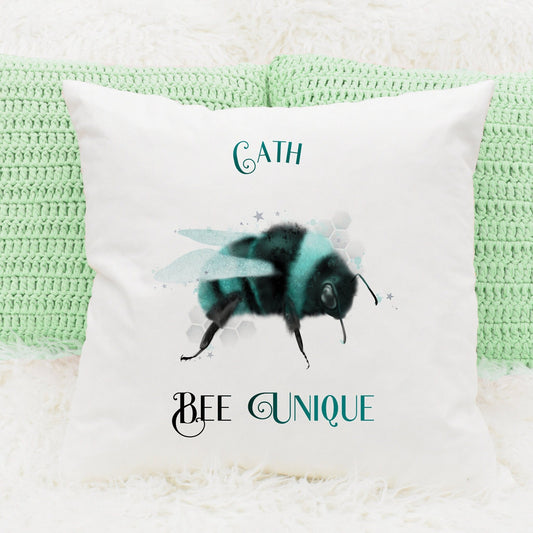 Personalised teal bumble cushion Bee unique text
