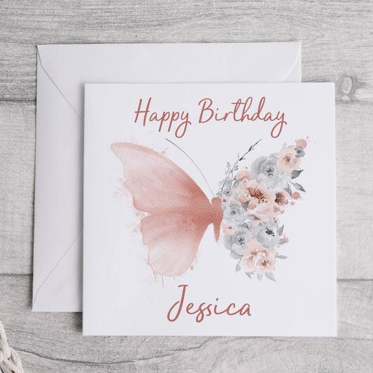 Personalised rose gold floral butterfly Happy Birthday greeting card