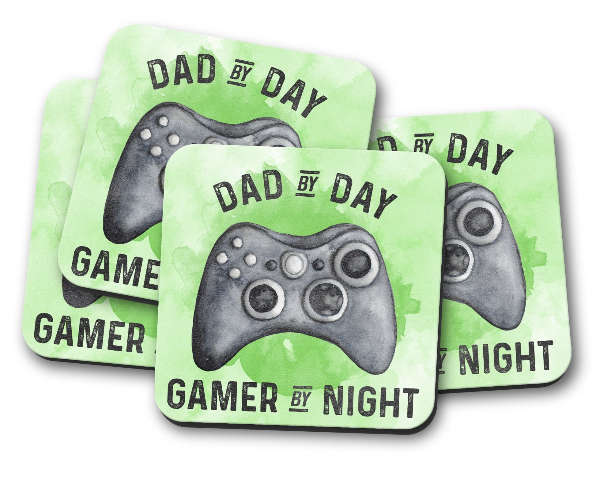 Hardboard coaster set featuring a gaming design with text that reads 'dad by day, gamer by night' in green
