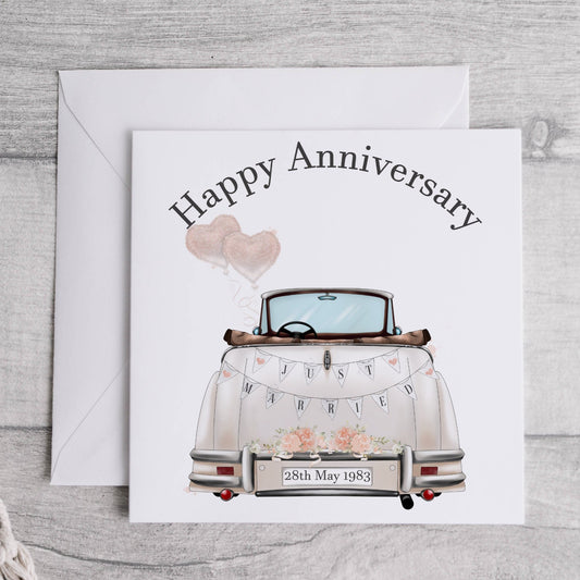 wedding car in blush colours personalised anniversary card