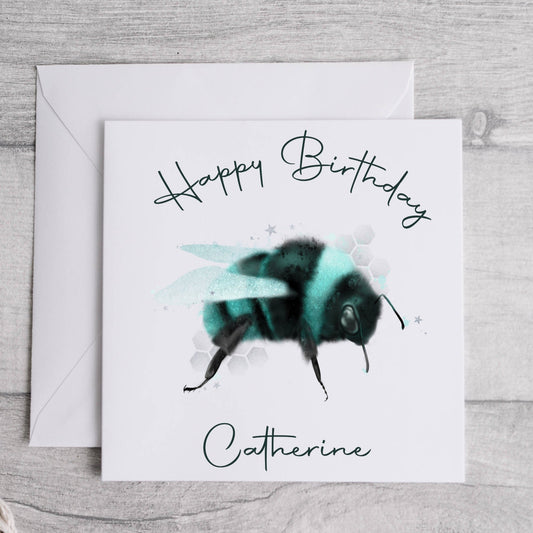 Happy Birthday greeting card, teal bumble bee