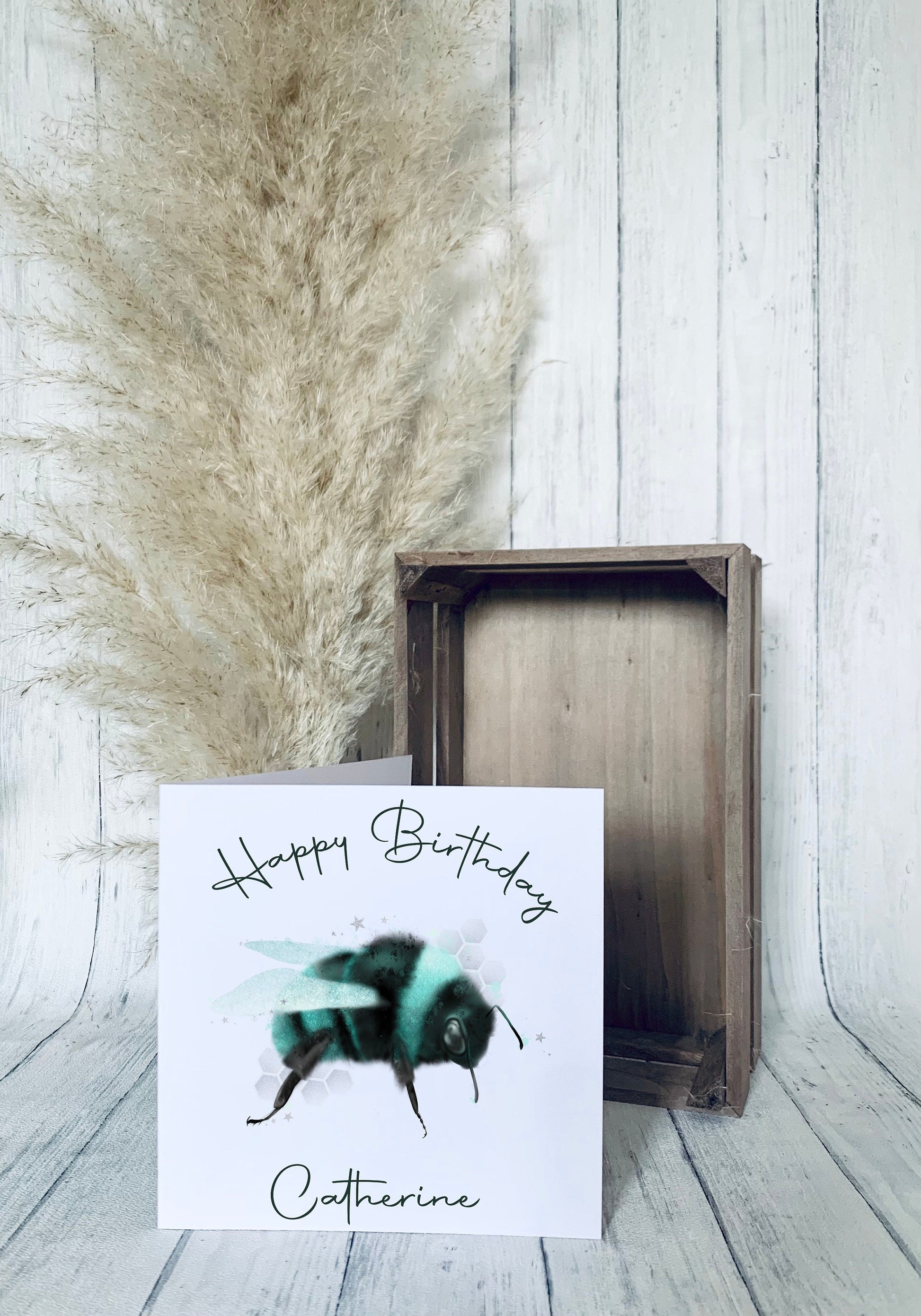 Happy Birthday greeting card, teal bumble bee