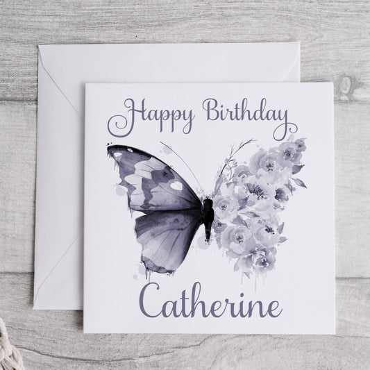 Dark purple floral butterfly personalised birthday card