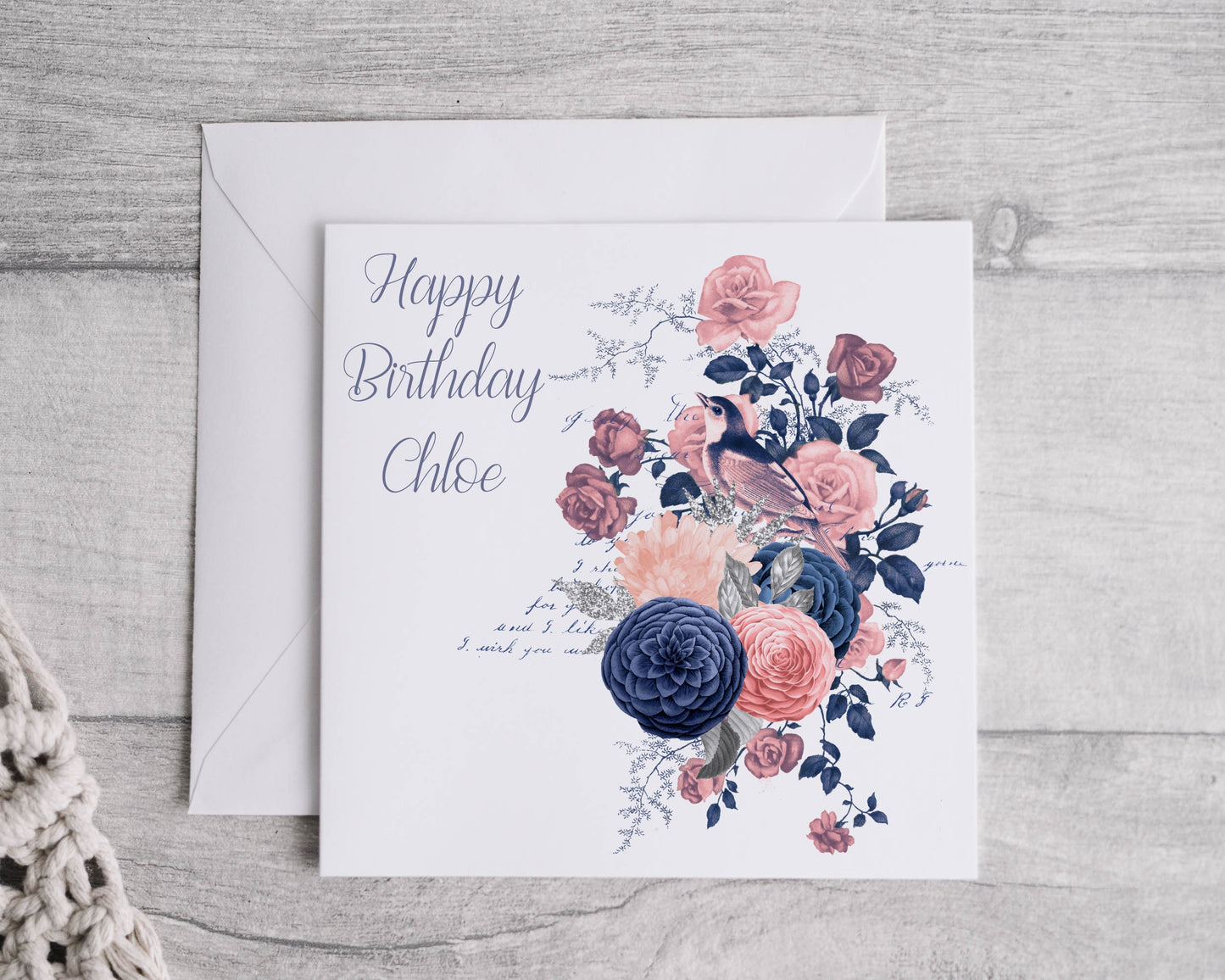 blush and navy floral birthday greeting card