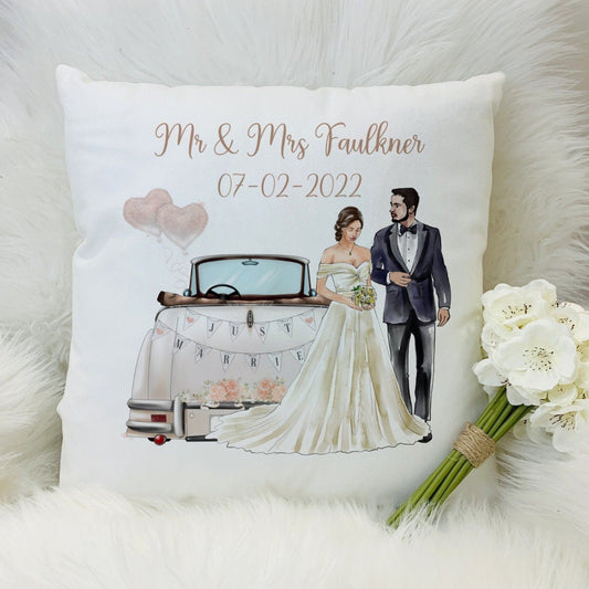 Personalised square cushion with inner, bride and groom and wedding car , wedding gift
