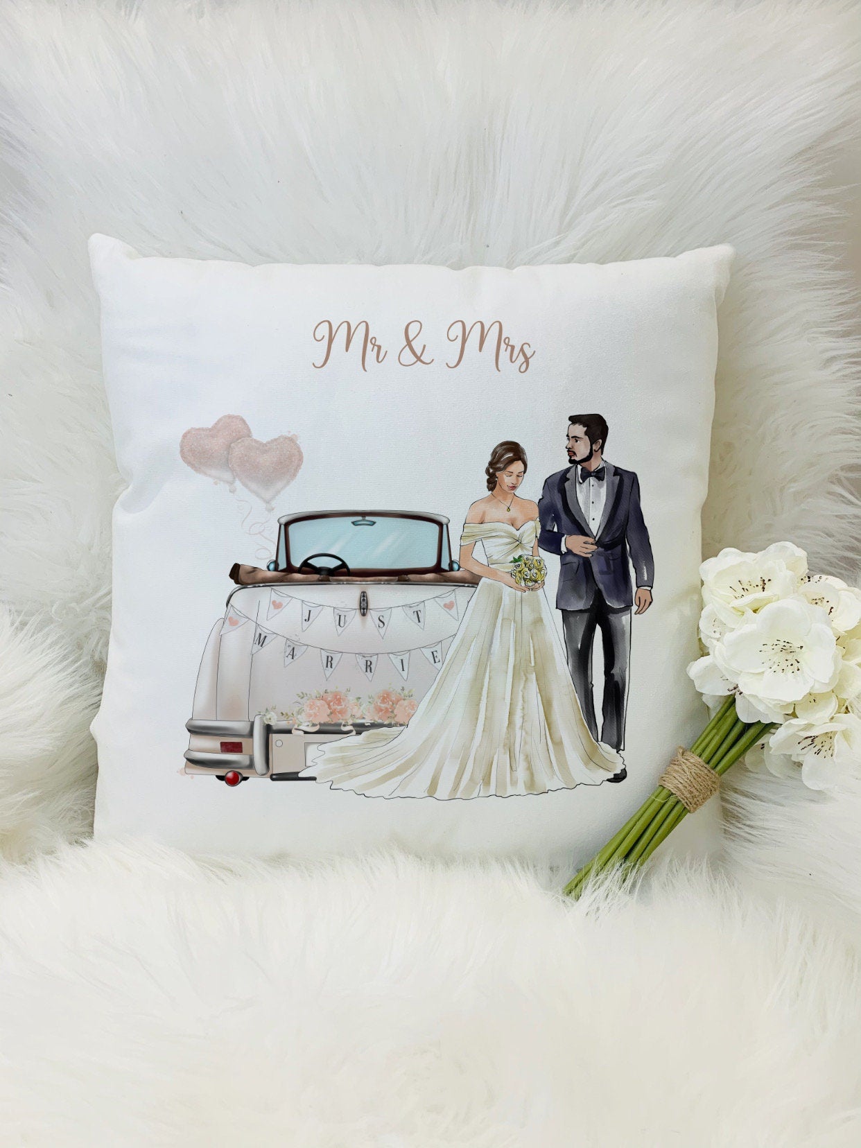 Personalised square cushion with inner, bride and groom and wedding car , wedding gift