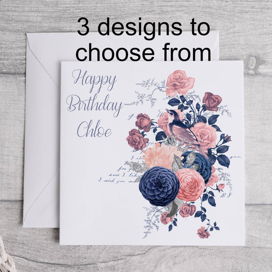 blush and navy floral birthday greeting card