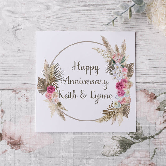boho floral wreath personalised anniversary card 
