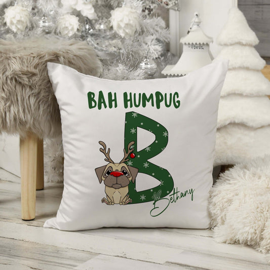 Personalised square cushion with inner and pug alphabet and bah humpug printed on it
