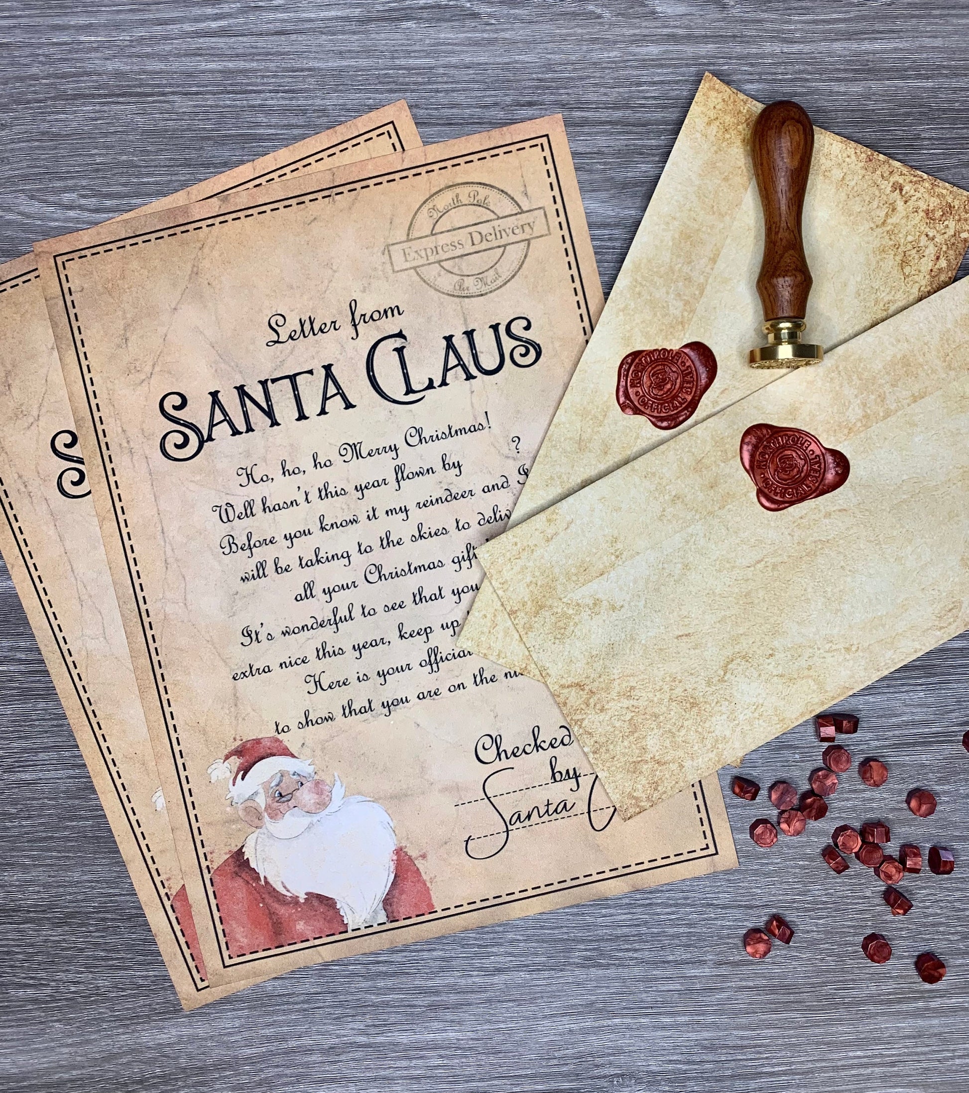Vintage look letter and nice list certificate to Father Christmas or Santa Claus with a wax seal