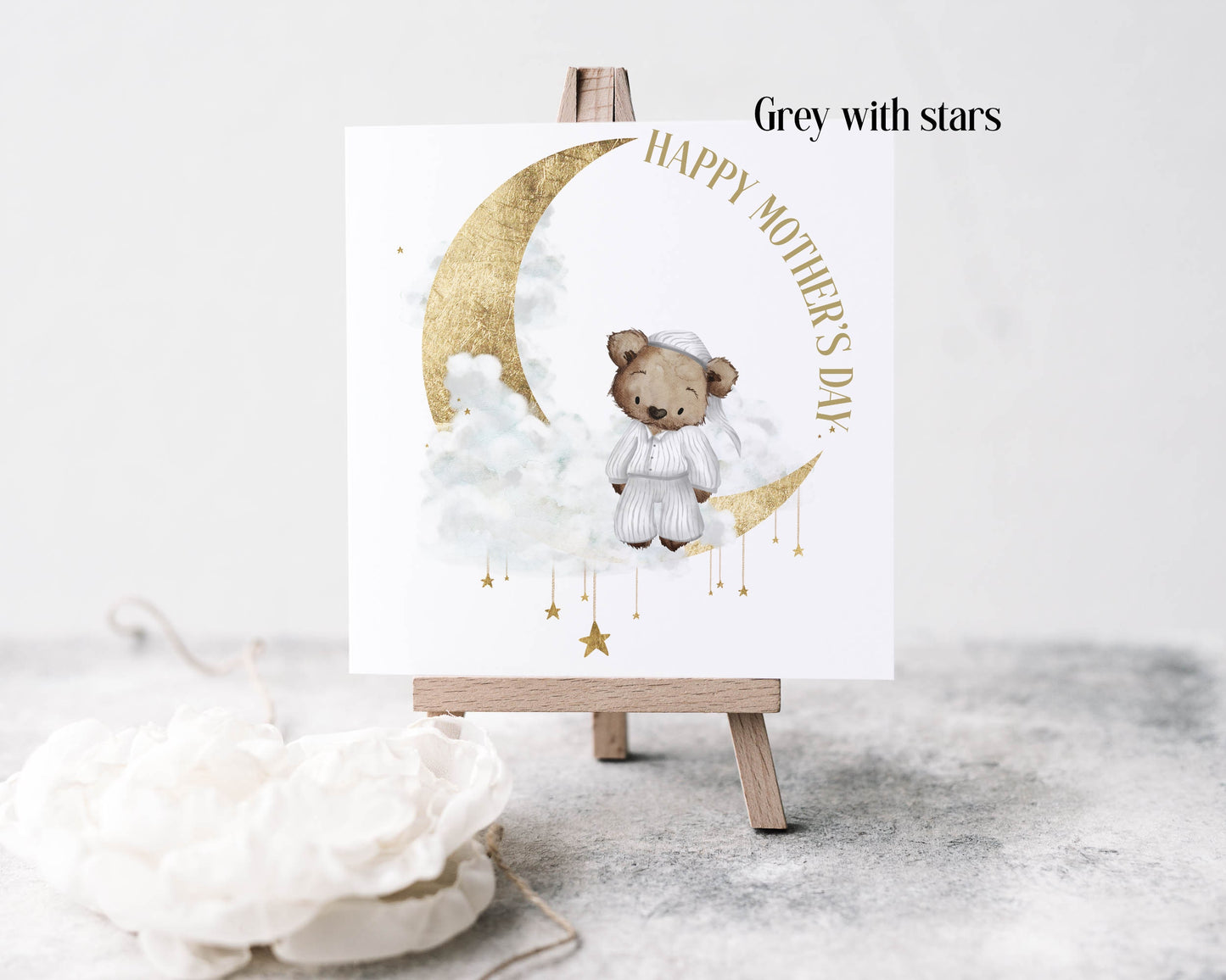 Bear in pj's Mothers Day card, grey with stars