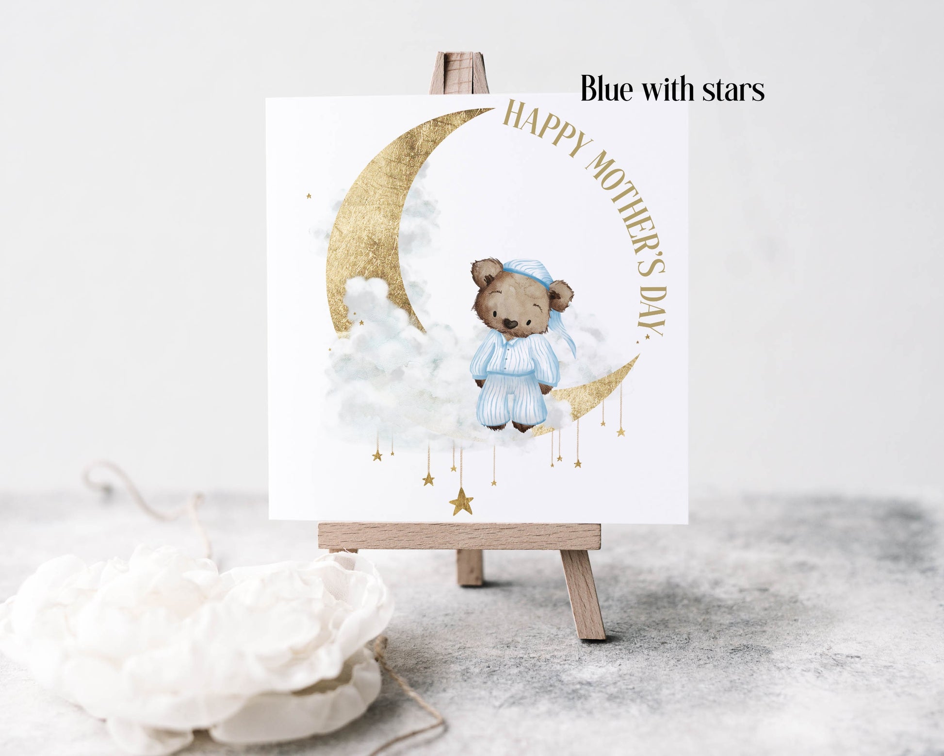 Bear in pj's Mothers Day card, blue with stars